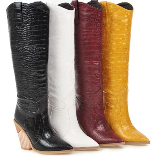 Fashion Luxury Women Knee High Modern Boots Wide Calf Snake Grain Pointed Toe Ladies Knight Boots Autumn Winter Slip On PW055