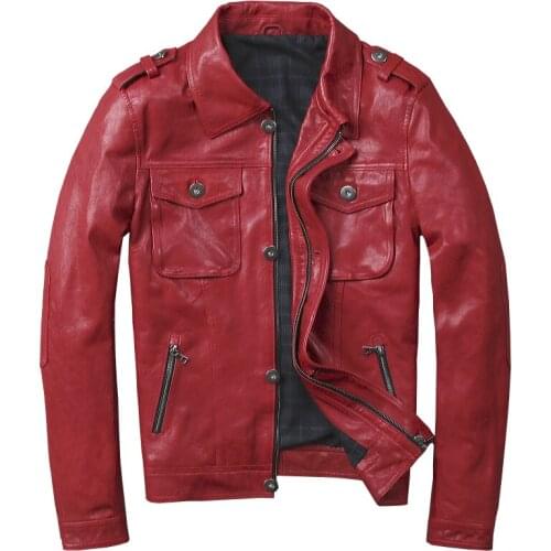 Genuine Leather Jacket Men Real Sheepskin Motorcycle Biker Leather Jacket Casual Slim Male Red Autumn Winter jaqueta de couro