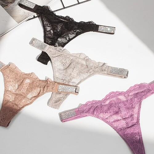 Sexy Women Underwear Rhinestone Letter Thongs Lace Transparent T Back for Female Low Rise Soft Ladies Panties Black Lingerie