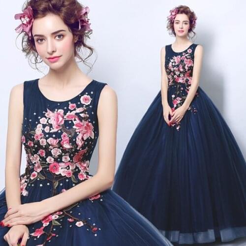 New arrival dark blue flowers lady girl women princess bridesmaid banquet party ball promdress gown