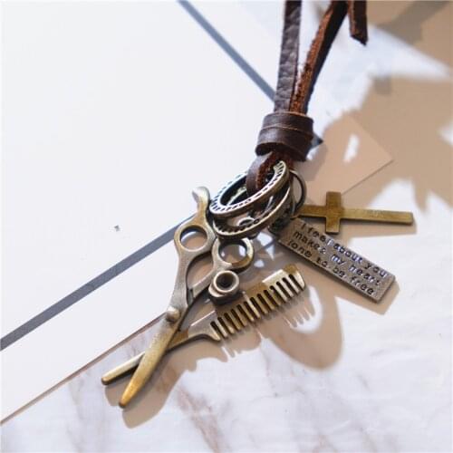 NIUYITID Scissors With Comb Pendant Necklace Women Men Genuine Leather Jewelry Collar Chain Barbershop Hairdresser Gift