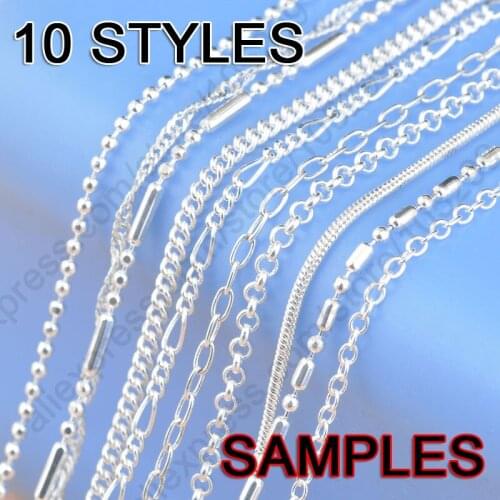 Sample 10Pcs Mix 10 Styles 18" Real 925 Sterling Silver Jewelry Link Sanke ROLO Ball Curb Singapore Figaro Necklace Chains