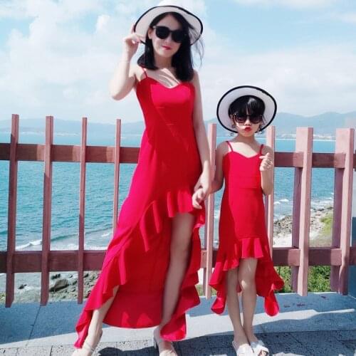 Parent-child Clothes Beach Backless Bandage Party Sundress Holiday Fishtail Long Red Dress Mother and Daughter Dress Suspender