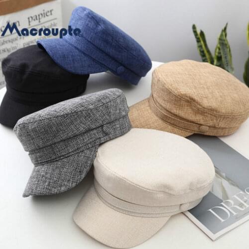 Womens Hat Flat Cap Military Cap Spring Autumn Linen Octagonal Cap Solid Color Flat Top Military Hats Young Student Hat Female