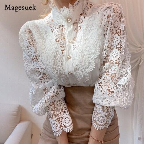 Chic Button Hollow Out Flower Lace Patchwork Shirt White Top Stand Collar All-match Femme Blusas Petal Sleeve Women Blouse 12419