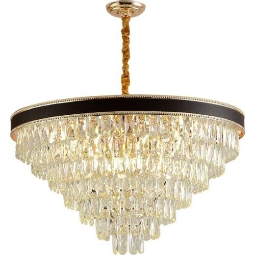 Led Postmodern Black Leather Grey Crystal Iron Round Chandelier Light Hanging Lampen Lustre Suspension Luminaire For Dining Room