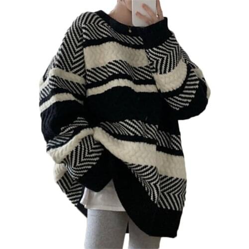 WSYORE Thick Warm Striped Sweater Tops Women Autumn and Winter Large Size Loose Wild Knitted Pullover Sweater Female NS2964