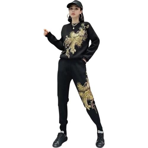 Spring Tracksuit Ladies Fashion Peacock Sequins Gold Velvet Loose Clothes + Little Feet Pants Two Piece Set Women Tide H1302