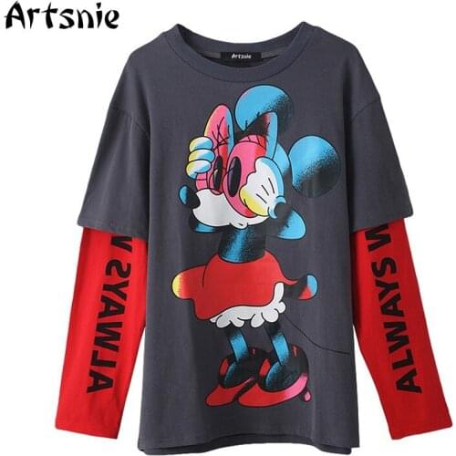 Artsnie Streetwear Disney Cartoon Sweatshirt Women Spring 2021 O Neck Long Sleeve Oversized Hoodies Gray Mickey Mouse Sweatshirt
