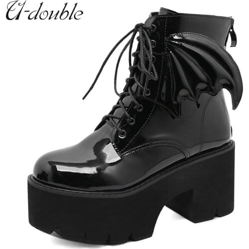 U-DOUBLE New Arrival Heel Ankle Boots Women Big Size 42 Brand Woman Shoes Winter Thick-Bottom Patent Leather Black Martin Boots