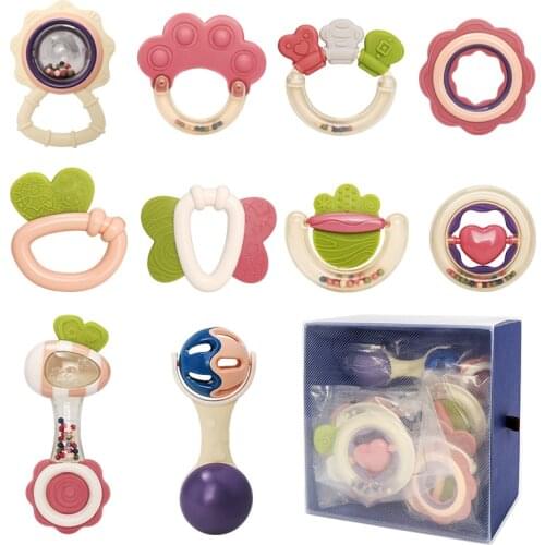10Pcs Baby Girl Toy 0-12 Months Plastic Soft Rattle Squeaky Newborn Bed Mobile Rattle Music Educational Toys For Babies Gift Set