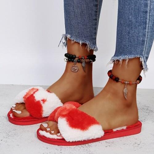 2021 Fashion New Winter Bow Knot Faux Fur Womens Slippers Shoes Soft Cute Warm House Slippers Female Shoes