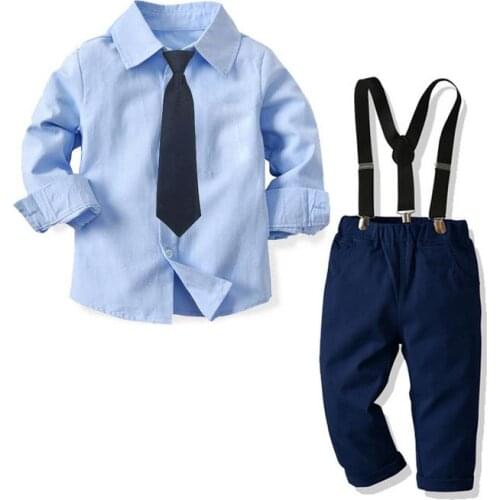 2021 Toddler Baby Boys 3 Pieces Kids Suit Set, Solid Color Turn-Down Collar Long Sleeve Shirt+ Suspender Trousers+ Necktie