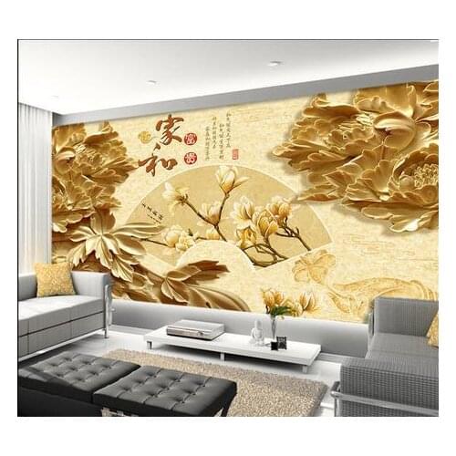 3d wallpaper custom Non-woven Carved wooden house of peony and riches and honour the sitting room TV setting wall paper