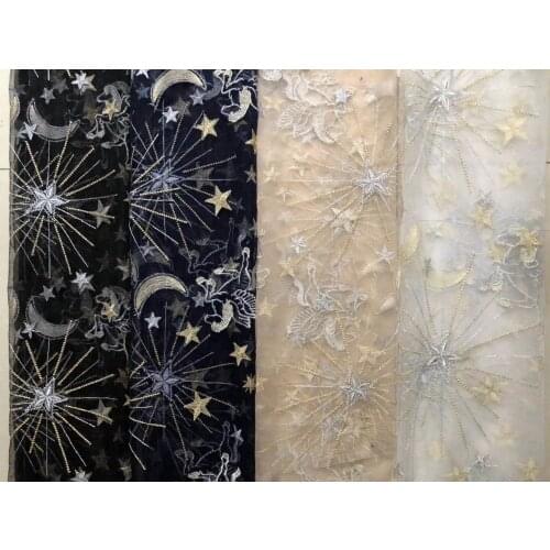 5 yards Soft Tulle Star Horse Embroidery Lace Fabric ,Floral Metallic Bridal Gown Lace Fabric in Champagne 150cm wide