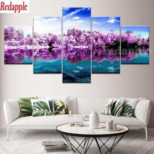 5d embroidery pink tree blue sky diamond painting Cross Stitch lake beautiful view full square round Rhinestone mosaic 5 pcs art