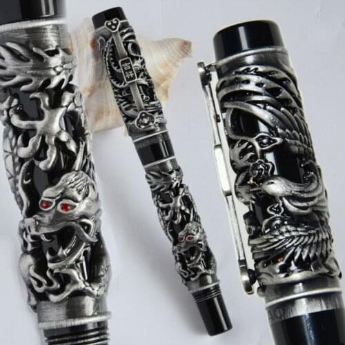FOUNTAIN PEN NOBLE JINHAO ANTIQUE SILVER AND BLACK DRAGON AND PHOENIX 18KGP FINE NIB BUSINESS OFFICE BEST GIFT " TAIJI " ON TOP