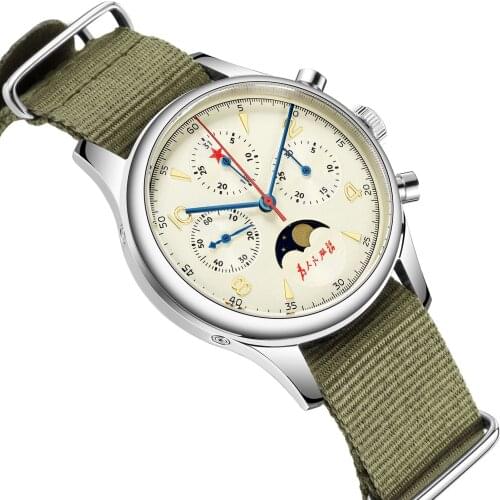 Original 1963 Mens 40mm Seagull ST1908 Moonphase Manual Winding Movement Mechanical Chronograph Sapphire Glass Cream Dial Watch