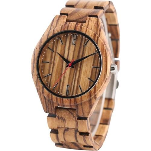 Luxury Full Wooden Bamboo Men Watch Dot Numbers Dial Red Hand Handicraft Quartz Wristwatch Fold Clasp Minimalist Sport Clock