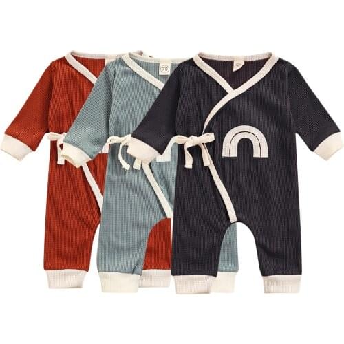 FOCUSNORM 3 Colors Lovely Baby Girls Boys Rompers 0-12M Rainbow Printing Long Sleeve Lace Up Autumn Jumpsuits