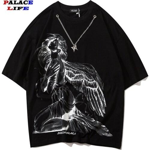 Streetwear Distressed T-Shirts Men Hip Hop Angel Wings Print Short Sleeve Tshirts Punk Rock Gothic Tees Shirts Harajuku Tops