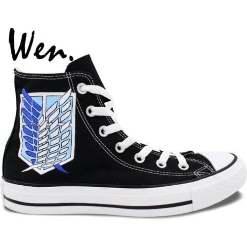 Wen Hand Painted Black Canvas Shoes Anime Design Custom Attack On Titan Military Police Men Womens High Top Canvas Sneakers