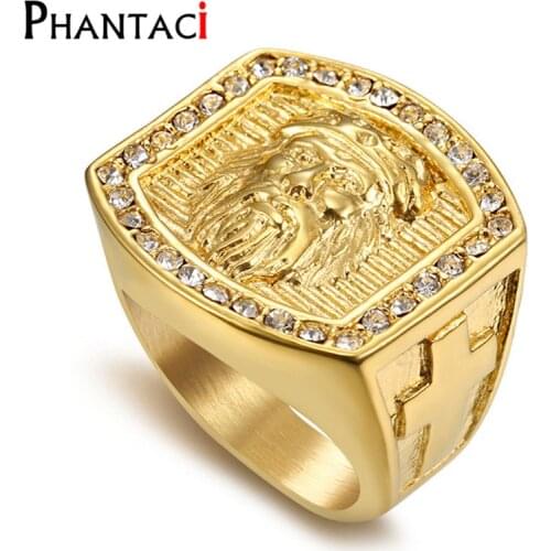 No Fade Peace Jesus Love You Stainless Steel Men Ring Gold Color Crystal Hiphop Christian Mens Big Rings Man Cross Jewelry