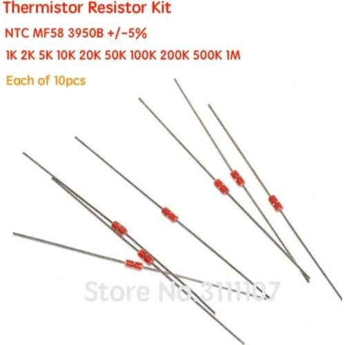 100PCS/LOT MF58 NTC 3950B Thermistor Resistor Kit 1K 2K 5K 10K 20K 50K 100K 200K 500K 1M +/-5% 3950 3950B 10value*10pcs NTC-MF58