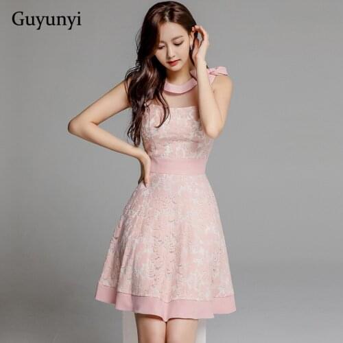 Korean Version Simple Sexy Lace Dress 2021 Summer Pink Sleeveless High Waist O-Neck Mesh Stitching A-Line Elegant Party Dress