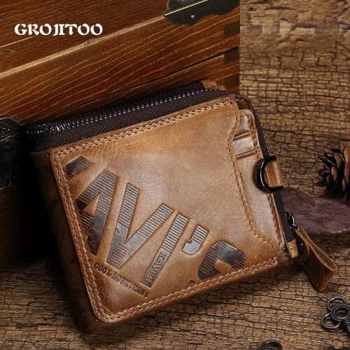 GROJITOO Genuine cowhide mens short wallet fashion casual zipper wallet open multi-functional coin purse Male Pocke
