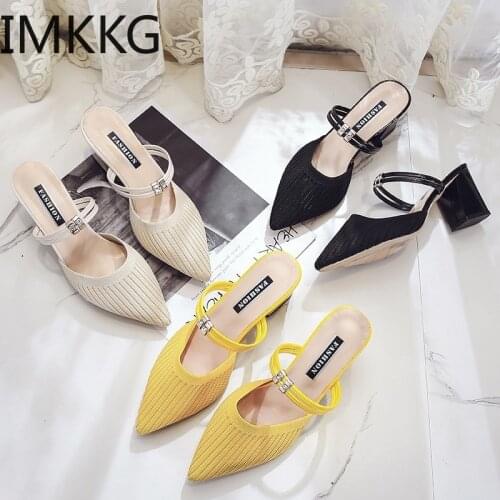 2020 Summer Sandals Dress Party Shoes Knitted Upper High Heel Slipper Womens Mules Ladies Pointed Toe Chunky Heel black yellow