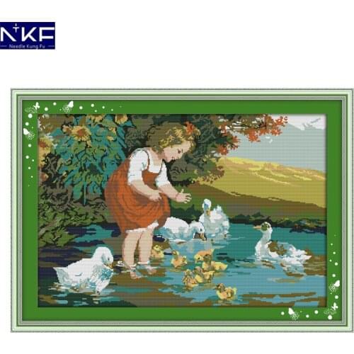 NKF The Little Girl and Ducks In Pool Stamped Counted Cross Stitch Needlework Embroidery Cross Craft Cross Stitch for Home Decor