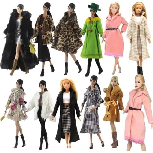 Parka Style 1/6 BJD Clothes for Barbie Dolls Outfits Princess Winter Long Fur Coat Houndstooth Plaid Jacket 1:6 Doll Accessories