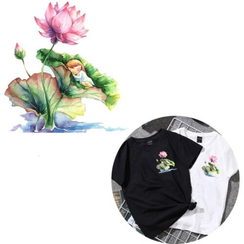 Clothes Patch deal with it Printed Pattern Lotus Flower Heat transfer printing Stickers Iron on patches for clothing Diy Logo
