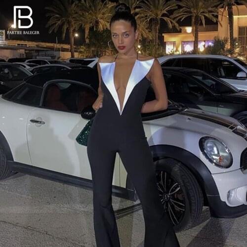 PB Stylish High Waist Color Block Jumpsuit Sexy V Neck Sleeveless Backless Celebrity Party Club Free Shipping