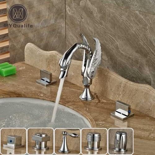 Polished Chrome Swan Style Widespread 3 Hole Basin Sink Faucet Dual Handle Deck Mount Lavatory Sink Mixer Tap