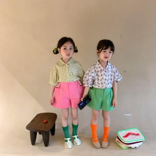 Baby Girls Shirts Summer New Kids Fashion Korean Print Lapel Shirts Casual Plaid Flower Cotton Blouse For Girl Toddler Clothing