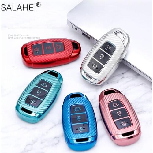 TPU Carbon Fiber Car Key Case For Hyundai Santa Fe TM 2019 I30 2018 Solaris Azera Elantra Grandeur Accent Full Cover Accessories