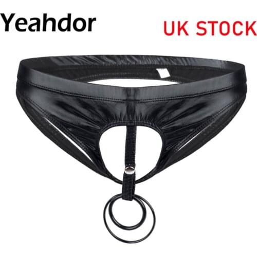 Men Patent Leather Thong Underwear Open Butt Open Penis Hole O-Rings Hot Bikini Briefs Gay Sissy Panties Sexy Male Underpatns