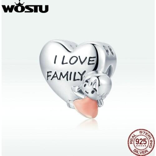 WOSTU 925 Sterling Silver Little Girl Love Family Heart Shape Charms Pendant Fit Bracelets Women Fashion Jewelry Making Gift