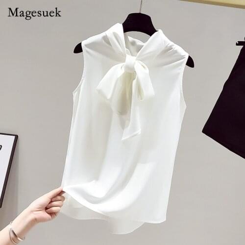 Elegant Solid Folds Bow Sleeveless Tops for Women Office Lady Slim Shirt Summer 2021 Women Fashion Chiffon Blouse Blusa 15479
