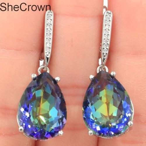 35x13mm Fancy Water Drop Shape 18x13mm Created Fire Rainbow Mystic Topaz White CZ Gift For Ladies Silver Earrings