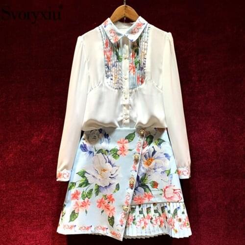Svoryxiu New Autumn Runway Skirt Suit Womens Elegance Long Sleeve Flower Print Blouse + Crystal Buttons Mini Skirt Sets