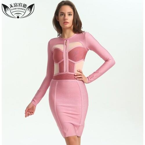 NEW 2017 Full Sleeve Dress Celebrity Cocktail Bodycon Bandage Dress Patchwork Club Party Dresses Women Sexy Mesh Vestido