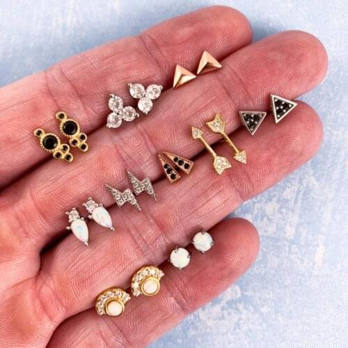10prs/set Womens Fashion Jewelry Gold Lightning Arrow Clover Bee Pyramid Sharp Stud Earring Sets for Girls