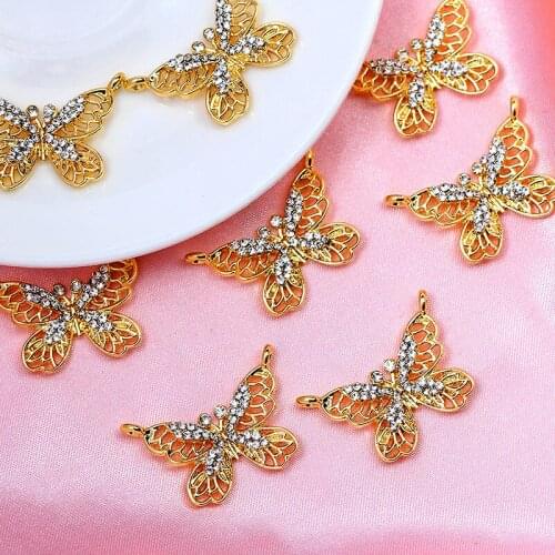 10Pcs/set 30*21mm Hollow Alloy Butterfly Charms Golden Metal Rhinestone 2 Holes Connectors Pendant For DIY Necklace Accessories