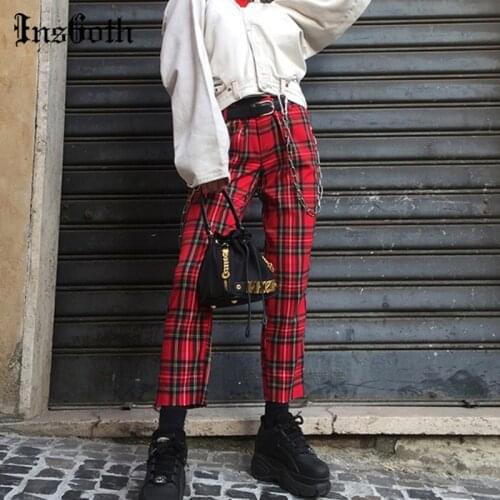 InsGoth Punk Streetwear Red Plaid Striaght Pant Women Gothic Harajuku High Waist Long Trousers Casual Partwork Slim Pant Fashion
