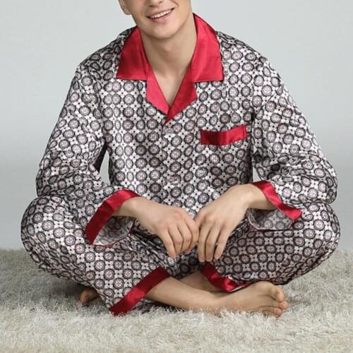 Men Pajama Set Summer Imitation Silk Pajama Set Print Shirt Long Pants Sleepwear Nightwear Top + Pants Home Summer Sleepwear