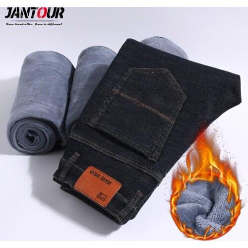 Jeans Men Winter New Fleece Pants Mens 2020 Business Casual Goth Pants Mens Fashion Straight Thicken Work Trousers Size 28-40