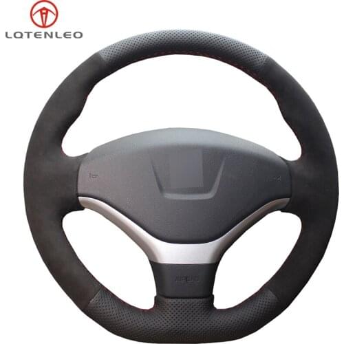LQTENLEO Black Genuine Leather Suede DIY Hand-stitched Car Steering Wheel Cover For Peugeot 308 2012-2015